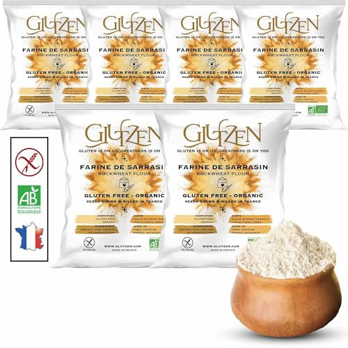 Harina de trigo sarraceno ecológica GLUTZEN. Ideal para pan sin gluten, masas de pizza, pasta sin gluten, tortitas, galletas y magdalenas. Celíacos, low carb, keto, veganos, sin alérgenos. (6x500g)