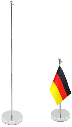 LIANCHEN Tischflaggenständer Edelstahl mit Sockel, Teleskopische Reichweite:26-65Cm, Tischwimpel Ständer Tischflaggenmast Flaggenständer Halter Desktop-Flaggenmast für Tisch, Heimbüro (Silber)