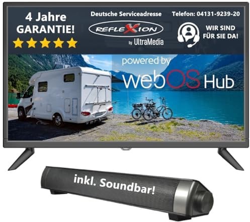 Reflexion LED24iBT Smart-TV 24 Zoll mit Soundbar, Full-HD, WLAN, Bluetooth, HDMI, USB, CI+, 12V-KFZ-Adapter – ideal für Wohnmobile, Wohnwagen, Camper & Boote – inkl. Fernbedienung