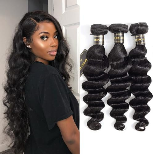 DONG H hair 12A Loose Deep Wave Human Hair 3 Bundles Brazilian Human Hair Loose Deep Human Hair 100% Unprocessed Loose Wave Human Hair for Women (16 18 20 3 Bundles)