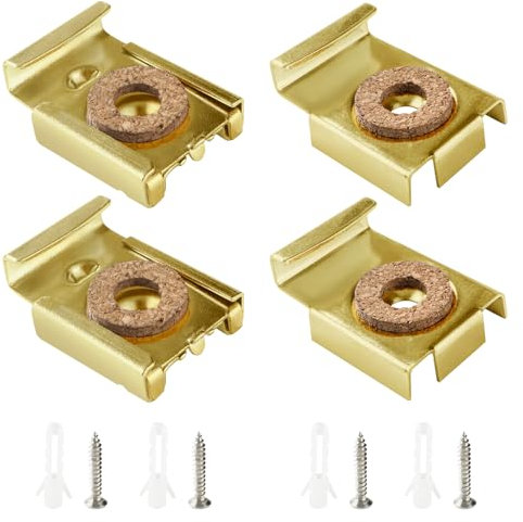 VooGenzek 1 Ensembles (4 Pièces) Kit de Montage Mural en Verre, Clips de Suspension à Miroir, Clips de Montage Miroir, Fixation Miroir Mural, avec Chevilles et Vis, pour Miroir, Or