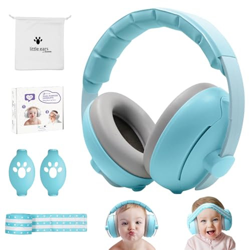 HyAdierTech 2 en 1 Cascos Bebe Antiruido, Protectores Auditivos para Bebés con Diadema Ajustable, Orejeras Reductoras de Ruido Niños, para Viajes y Entornos Ruidosos, para Bebés de 0 a 48 meses (azul)