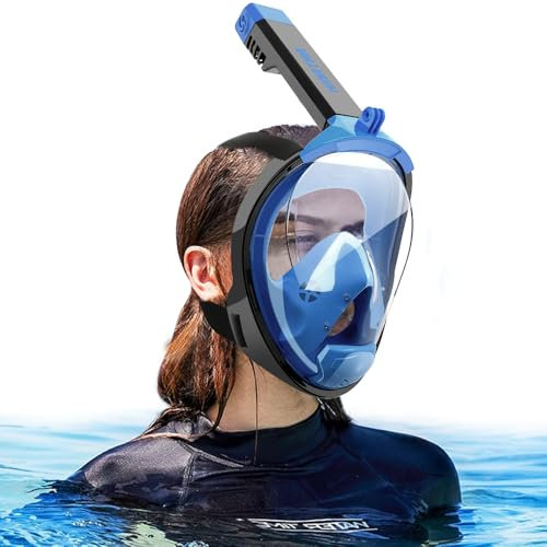 HINATAA Full Face Snorkel Mask, 180°Panoramic View Double Floating Ball Snorkeling Mask, Anti-Fog Full Face Diving Mask, with Detachable Camera Mount, for Adults Youth (Blue, L/XL)