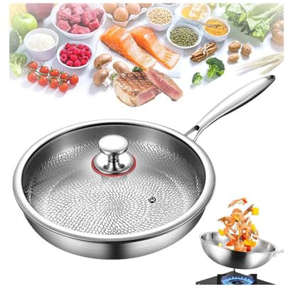 Padella Pro in titanio martellato con coperchio, padella in titanio multifunzionale martellato resistente ai graffi, antiaderente, riscaldamento uniforme, compatibile con tutti i piani cottura
