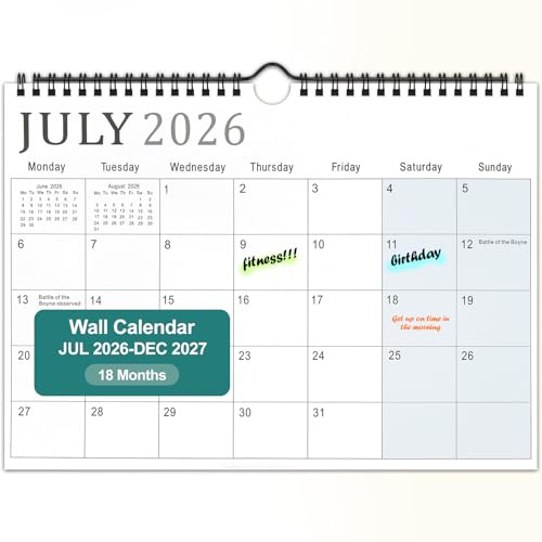 Wall Calendar 2026-2027 UK Academic Year Planner from July 2026 - Dec 2027, 18 Month to View Family Calendar for Home or Office,Shaded Weekends,UK Bank Holidays, 30 x 21 cm (A4)