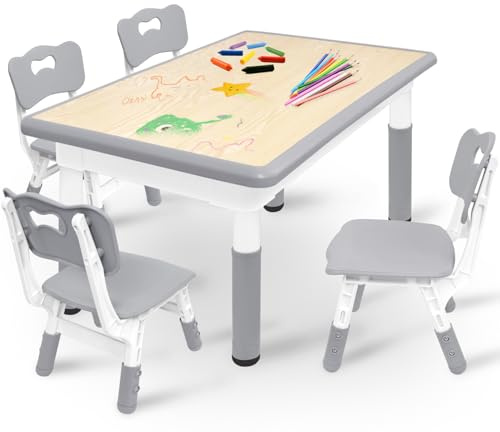 Kidsgigglz Kindertisch mit 4 Stühlen, Kindersitzgruppe Höhenverstellbarer aus HDPE & ABS, Multifunktionaler Spieltisch Stabil für Kinder, Ergonomisch Tisch Stuhl Set für Kinderzimmer, 120 * 60cm