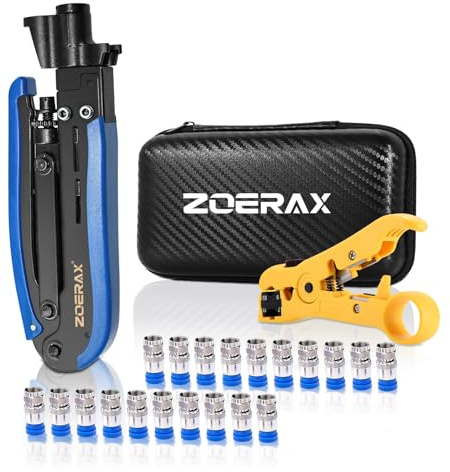 ZOERAX Kompressionszange Set mit Abisolierzange und 20 F-Steckern – Koaxial-Kompressionswerkzeug für RG6, RG59, RG11 Koaxialkabel für TV, Internet, Satelliten-Installationen und Heimnetzwerke