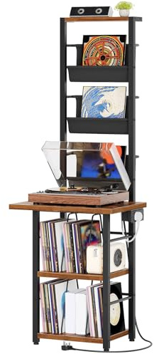 YATINEY 3-Shelf Record Player Stand with Charging Station and 3 Fabric Bins | Holds up to 200 Records, Vinyl Record Storage with AC, USB-A, and Type-C, for Living Room, Bedroom, Rustic Brown and Black