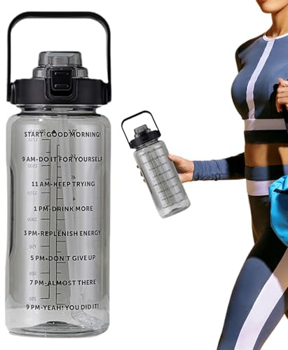 Botella de agua de 2 litros, botella de agua deportiva de gran capacidad con escala y asa, vasos de PC a prueba de fugas para fitness, camping, senderismo, correr y viajar..