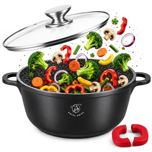 Royal Swiss Faitout 36 cm Noir 14L – Revêtement Marbre Antiadhésif, Couvercle en Verre, Compatible Induction & Four, Fonte d’Aluminium, Poignées Silicone Amovibles (Noir, 36 cm)
