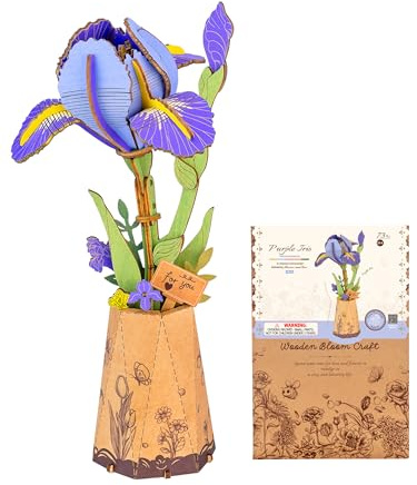 ROBOTIME 3D Holz Puzzle Blumen Set, Lila Iris mit Vase, DIY Bastelset für Erwachsene, Künstliche Ewige Blüten, Dekoratives Modellbausatz, Perfekt für Valentinstag und Muttertag