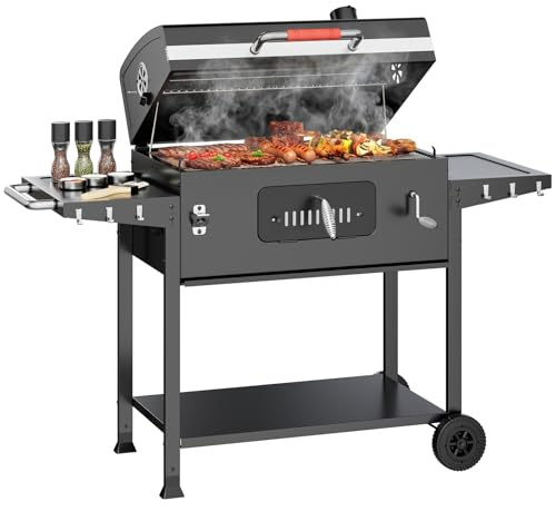 JUMMICO Tragbarer Holzkohlegrill mit Schornstein Schnellaufheizen Klappbaren Seitenbrettern Thermometer Zubehör für Familie Camping Garten BBQ