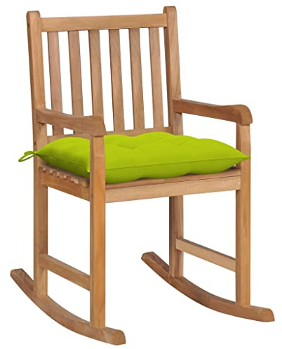 TUERYAFEK Schaukelstuhl Massivholz Teak mit hellgrünem Kissen, Indoor Outdoor geeignet, Rückenlehne und Sitzfläche mit Lattendesign, maximale Belastbarkeit 110 kg