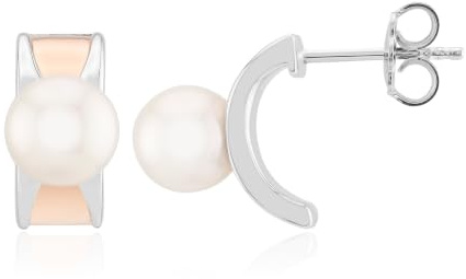 Cavill Akoya Perlen Ohrringe 7,5 mm rund 925 Sterling Silber rhodiniert mit Roségold Akzenten, moderne weiße Perlen Ohrstecker für Damen, stilvoll minimalistisch und zeitlos