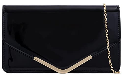 fi9® - Borsa a mano con tracolla, clutch in pelle verniciata, per matrimoni o da sera, Nero