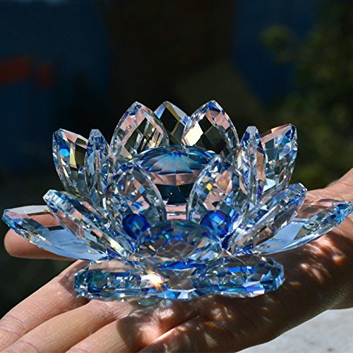 Bouquet de fleurs de lotus en cristal - Grande taille - Artisanat - Décoration pour la maison - De toutes les couleurs - Cadeau pour un anniversaire, un mariage, Verre cristal, bleu