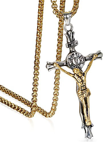 JewelryWe Schmuck Herren Anhänger Halskette Edelstahl großer katholischer Jesus Christus INRI Kruzifix Kreuz Anhänger mit 55cm Venezianer Kette Gold Silber