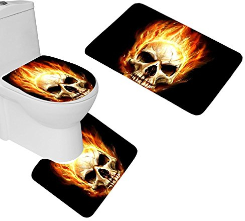 RedBeans 3-teiliges Badezimmer Matten Set Flaming Skull Badteppich Set rutschhemmender Badezimmer Teppiche Contour Matte WC-Bezug