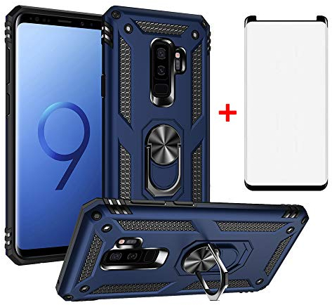 Phone Case for Samsung Galaxy S9 Plus with Tempered Glass Screen Protector Magnetic Rugged Stand Ring Holder Accessories Protective Hard Shockproof Bumper Glaxay S9+ 9S 9plus S9plus S 9 Women Blue