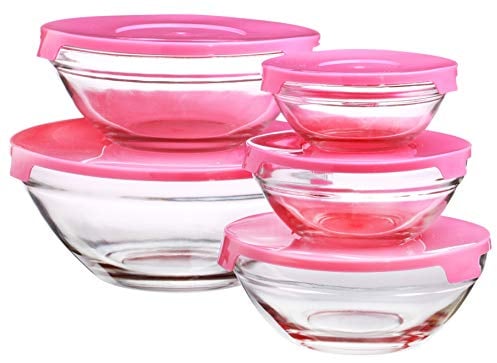 Lot de 5 boîtes de rangement rondes en verre avec couvercle en plastique (couvercle rose)