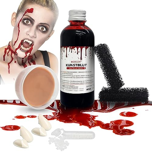 Kit de Sangre Falsa 120ml,Cera para Modelar y 4 colmillos vampiro y Esponja Motear para Crear Heridas y Costras,Sangre Artificial Lavable y Comestible,Pintura Cara Halloween y Carnaval Profesional