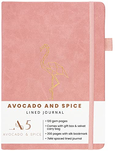 Taccuino A5 Diario di Viaggio da Avocado and Spice Taccuino A5 con Confezione Regalo e Custodia in Velluto - Agenda Giornaliera Rigida - Taccuino A5 Foderato con Segnalibro, 200 Pagine (Rosa, Righe)