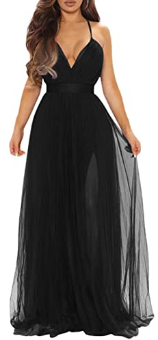 XXTAXN Women's Sexy Deep V Neck Split Cocktail Party Formal Bridesmaid Maxi Dress Black