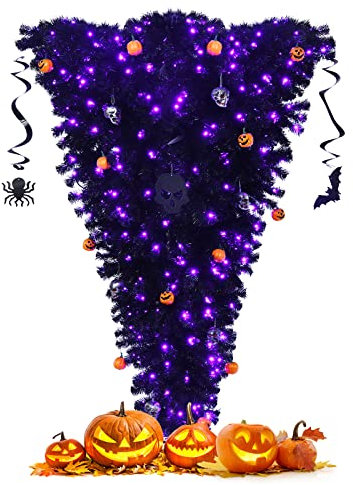 RELAX4LIFE Albero di Halloween Nero 180 cm, Capovolto, Illuminato a 270 Luci LED Incorporate, 810 Rami Folti in PVC, Addobbato di Zucca, Base in Metallo