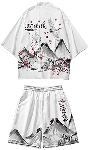 DOSLAVIDA Ensemble de vestes kimono japonaises pour homme, manteau avant ouvert élégant avec short, style chinois, cardigan imprimé, Style 2 - Blanc 1, L