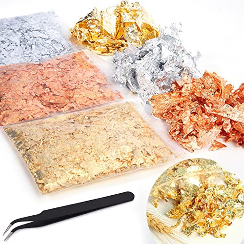 ZYNERY 15 g Metallblätter, 3 Packungen Goldblätter, Kupferblatt, Silberfolie, dünne Flocken, für Make-up/Nail Art, Malerei, Kunsthandwerk, Heimdekoration