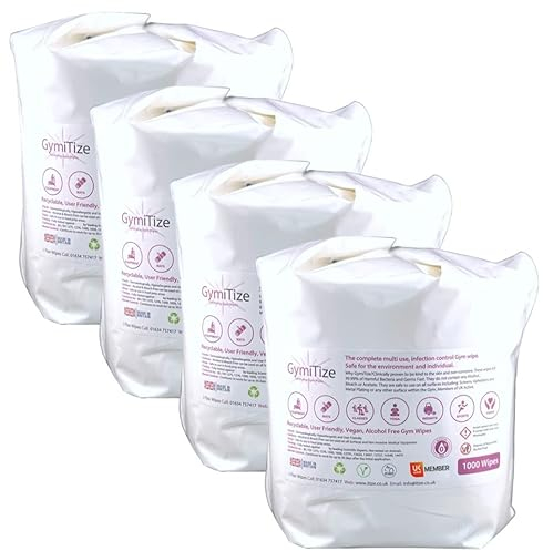 Gymitize Gym Wipes, Alcohol Free, Antibacterial, Antiviral, Non-Toxic, Recyclable, Made in the UK, Advanced Barrier Technology, 4000 Wipes (Pack of 4) 1,000 Per Pack.