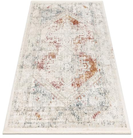 rugsx DISTIN 0100B rosa/Puder/weiß moderner Teppich für das Zimmer, Wohnzimmer, Schlafzimmer, Ornament, Vintage, Fransen 180x270 cm