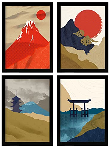 Nacnic Set de 4 Pósters de Japón Templos. Láminas e Ilustraciones con Estética Oriental. Diseño y Decoración de Interiores. A4 sin marco.