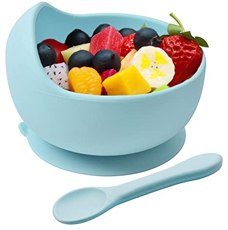 Hoseay Baby Feeding Bowls and Spoons,Silicone Toddler Weaning Set with Suction Bowl BPA Free Children Tableware Eating Bowl for Baby Boys Girls,Easy Clean Kids Meal Set Microwave Dishwasher Safe,Blue