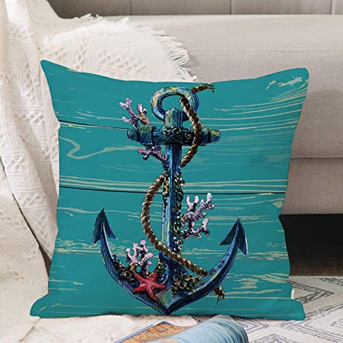 Kissenbezug 45x45 cm,Schiff Ankerkette Meereslebewesen inspiriert mit Holzlinien Hintergrun,Outdoor Kissen Kissenbezüge Kissenhülle Sofa Kissen dekokissen Zierkissen für Wohnzimmer Garten deko draußen