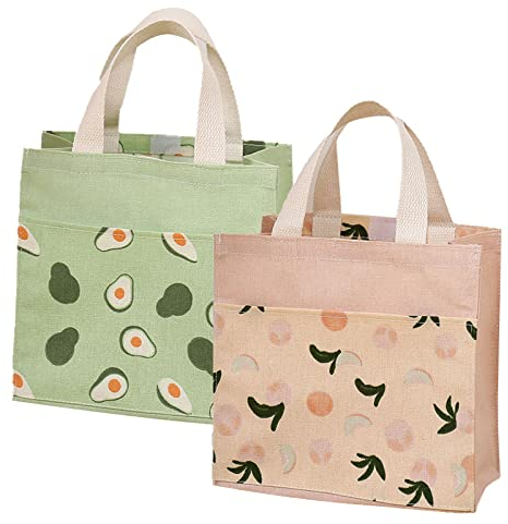 PLATEYTR Mini Bolsa Tote Tela, 2pzs Bolsa de Lona Mujer Bolsa Tote Bolsa de Algodón Reutilizable para Las Compras Salir(Verde+Rosa,22 * 22cm)