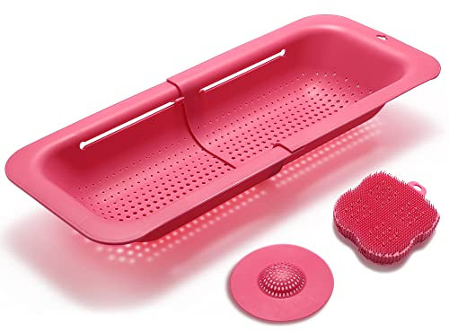 Domonic Home Scolapasta da sopra il lavello da cucina, scolapasta da sopra il lavello, cestino colino per verdure, frutta, pasta, colino pieghevole 36,8 - 49,5 cm, colore: rosa brillante lavabile in