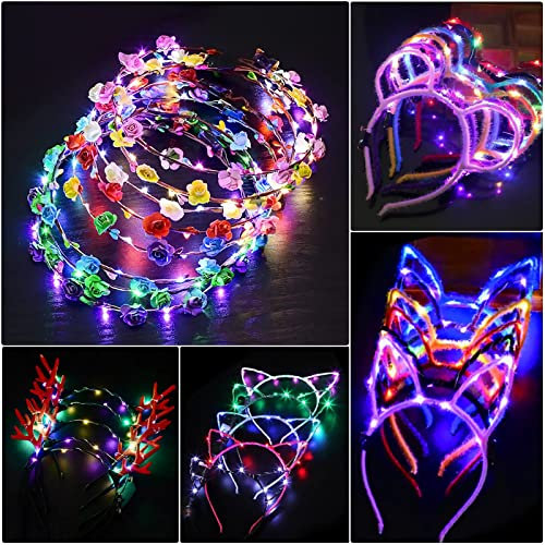 Lot de 10 bandeaux LED multicolores - Bandeau lumineux décoratif - Oreilles de chat mignonnes - Couronne de fleurs à LED - Pour festival, anniversaire, Noël, fête