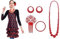 JORXG Delantal Sevillana Flamenca Lunares con Accesorio Peineta Collar Pulsera Pendientes para Feria, Delantal Cocina para Mujer, Negro Lunares Rojos