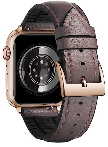 BINLUN Cinturino in Pelle Silicone Compatibile con Apple Watch 42mm 44mm 45mm 46mm 49mm Microperforazioni Pelle e Gomma Ibridi Cinturini Adatto per iWatch Uomo Donna(Oro Rosa Fibbia,Marrone)
