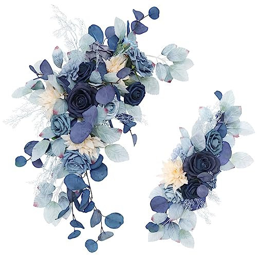 Fouriding Künstliche Hochzeit Bogen Blumen Kit, Hochzeit künstliche Blume Swag Hochzeit Willkommen Zeichen Blumendekorationen für Hochzeitszeremonie Empfang Backdrop Deko (Staubig Blau)