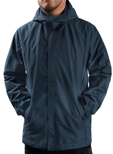 ANAYSN Herren Regenjacke mit Kapuze wasserdicht leichte Jacke und Reißverschlusstaschen Regenmantel für Outdoor-Camping Wandern (Navy, M)
