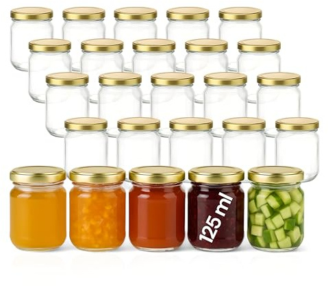 gouveo Juego de 25 tarros de conserva Helix de 125 ml con tapa de rosca dorada - Pequeños tarros con tapón de rosca TO53 - Tarros de rosca para mermelada, miel, especias, casero (HEG125G)