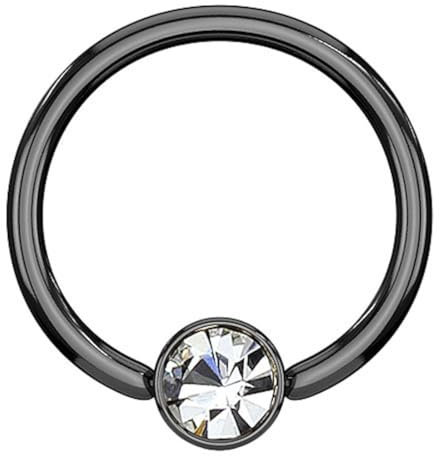 Taffstyle Piercing BCR Ring Klemmring Flache Kugel mit Kristall Nasenpiercing Ohrpiercing Klemmkugelring Septum Nase Lippe Ohr Brust Intim Bauch Tragus Helix Klemm Schwarz 1,2mm x 8mm x 3mm