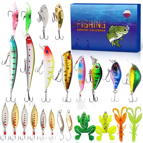 Angelköder Adventskalender Erwachsene Teen Jungen, 24 Tage Xmas Countdown Geschenk für Angler mit Topwater Ködern, Elritze, Crankbait, VIB