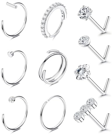 Adramata 10 Pcs 20G Piercing Nez en Acier Chirurgical Or 14k Piercing au Nez Rond CZ Coeur Piercings de Nez pour Femmes Hommes Anneau de Nez en Forme de L Argent/Or Percing au Nez Bijoux,BS,NEW