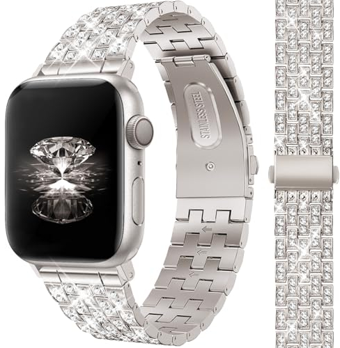 JR.DM Metall Watch Armband Damen Kompatibel mit Apple Watch Armband 38mm 40mm 41mm 42mm, Glitzer Strass Diamant Metall Ersatz Armbänder für iWatch Series 10/9/8/7/6/5/4/3/2/1/SE Damen