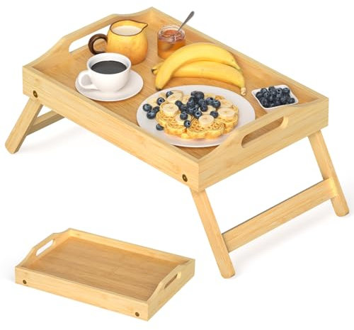 Mayyol Frühstücksbetttablett zum Essen – Faltbarer Laptoptisch für Lebensmittel – Tragbares erhöhtes Serviertablett aus Bambus – Snackplatte mit klappbaren Beinen, Essen für Schlafzimmer, Picknick,