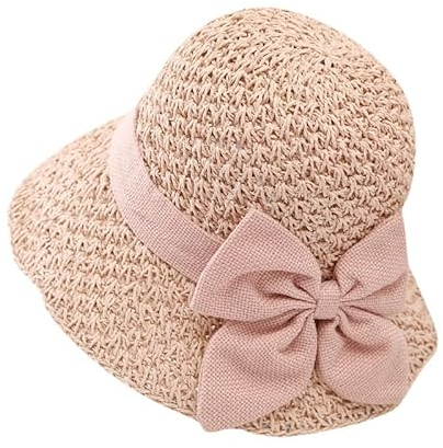 WEIGEER Chapeau de Paille pour Femme - Chapeau de Soleil de Plage Pliable à Large Bord d'Été (Paille, Arc Rose)