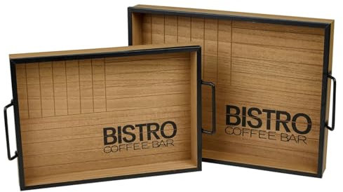 URBNLIVING 2 Pcs Bistro Coffee Tea Bar Wooden Breakfast Food Serving Tray Set Metal Handles